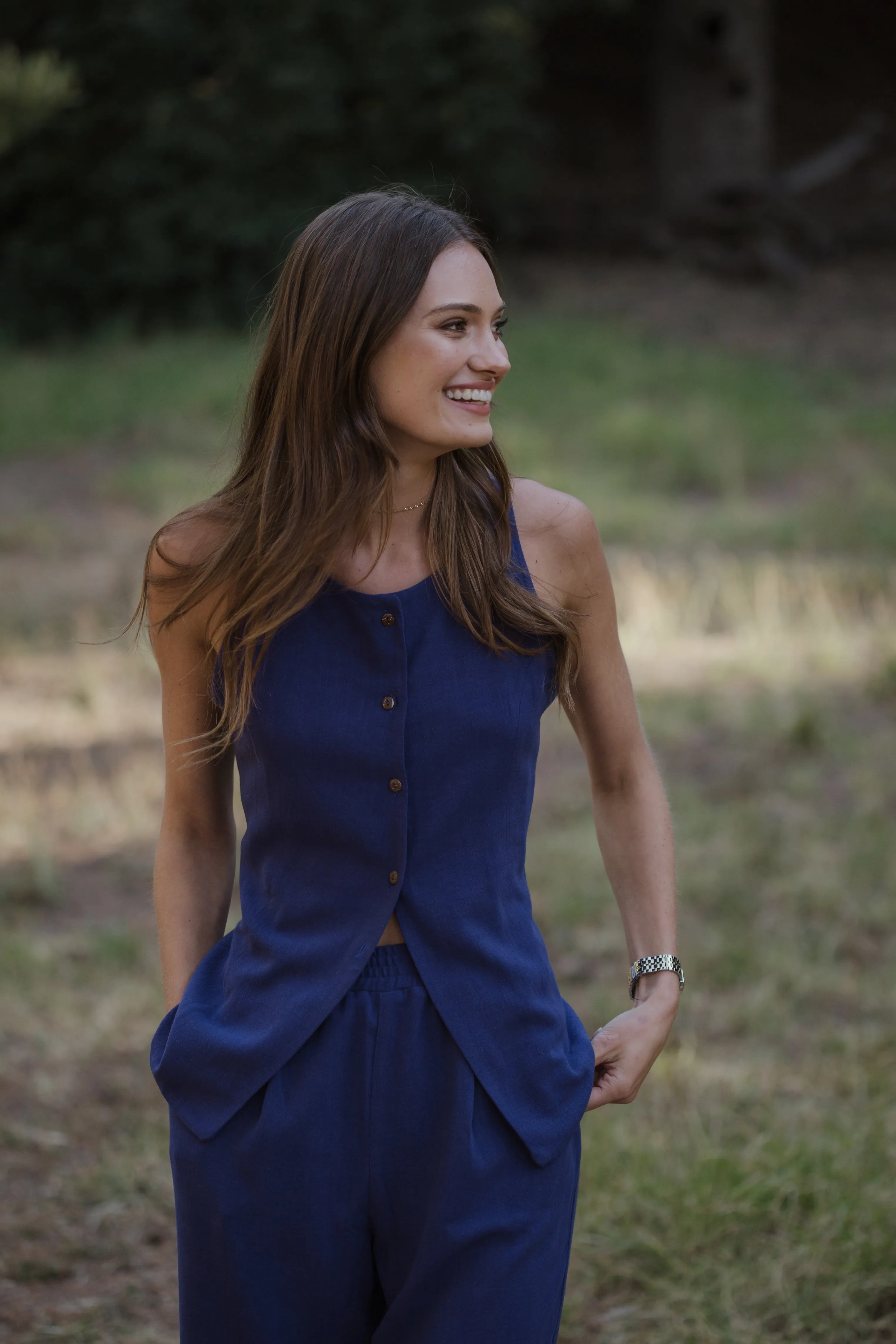 Santorini Long Waistcoat Indigo Linen