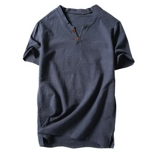 SHUJIN New Mens Spring Summer Casual Shirt Short Sleeve Cotton Linen Shirts Men Loose Collar Button Shirt silk Chemise Homme