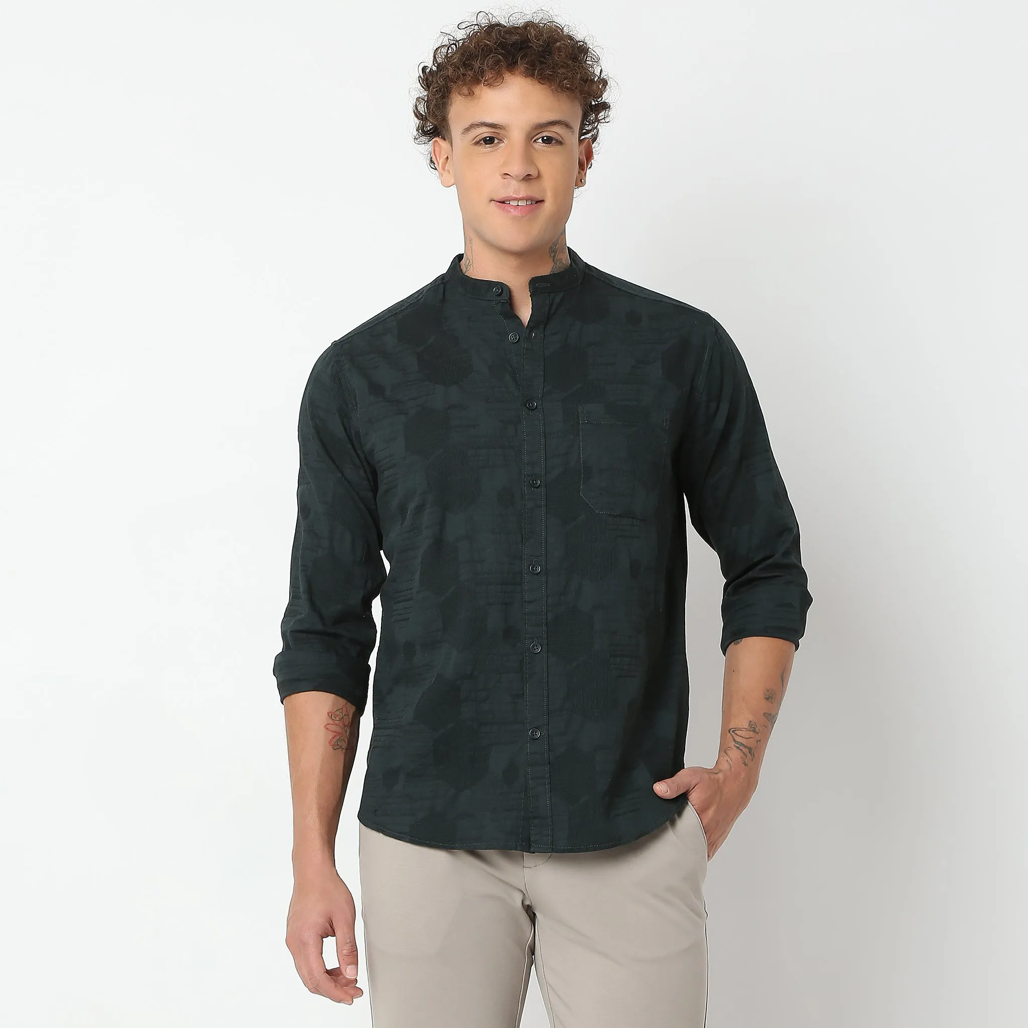 Smart Lino Weave Band Collar Solid Shirt
