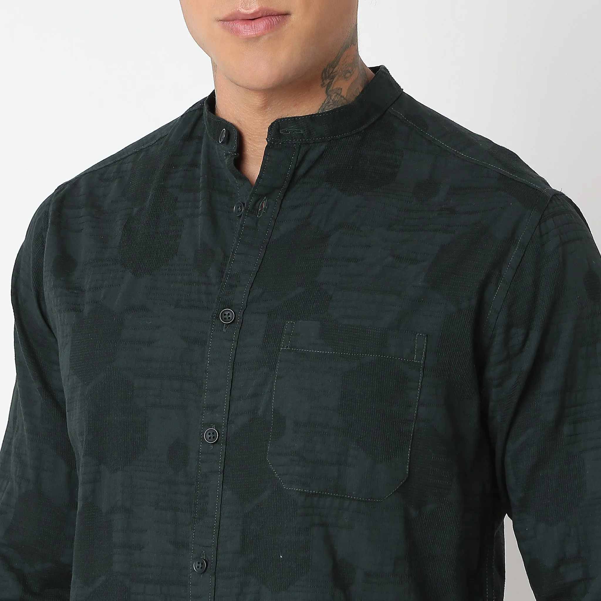 Smart Lino Weave Band Collar Solid Shirt