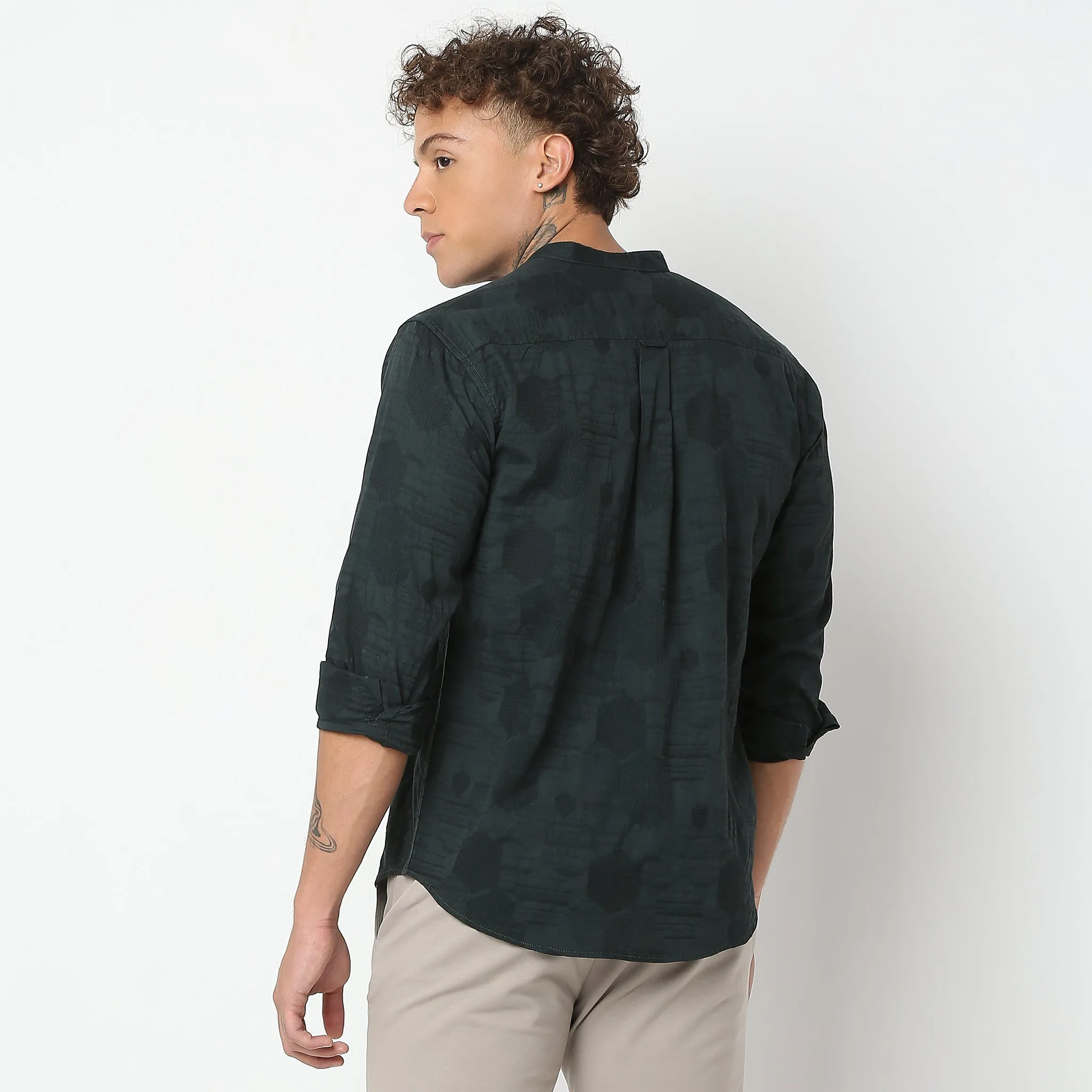 Smart Lino Weave Band Collar Solid Shirt