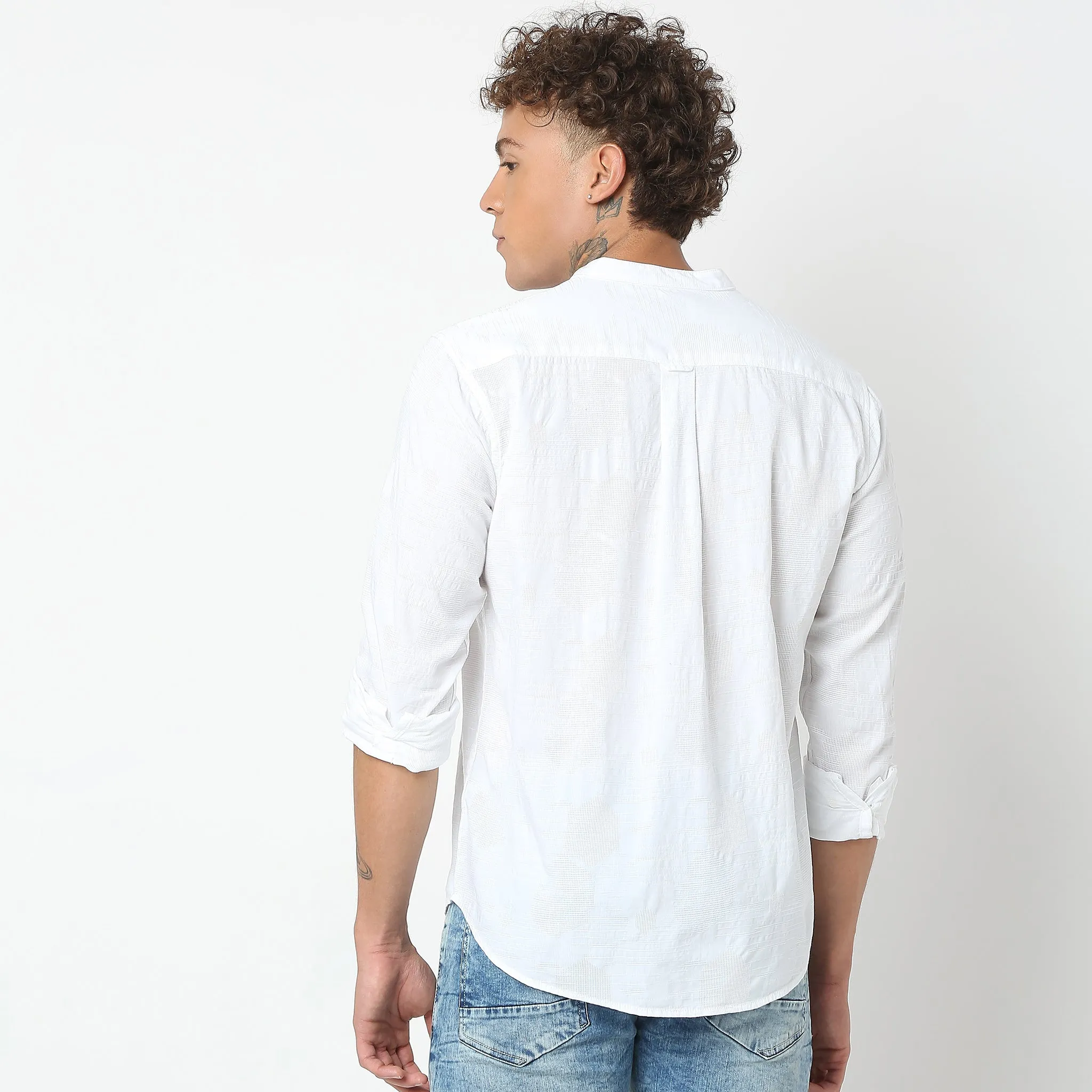 Smart Lino Weave Band Collar Solid Shirt