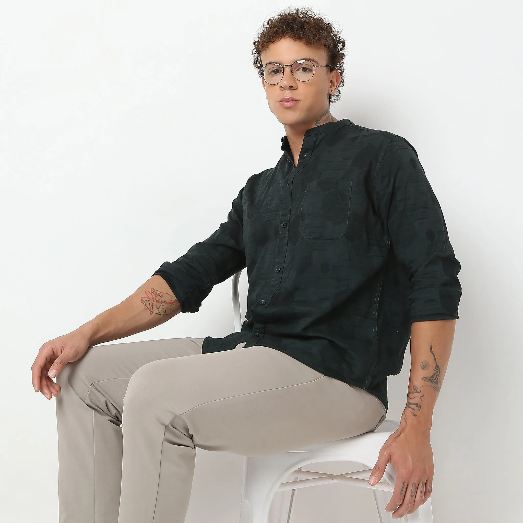 Smart Lino Weave Band Collar Solid Shirt
