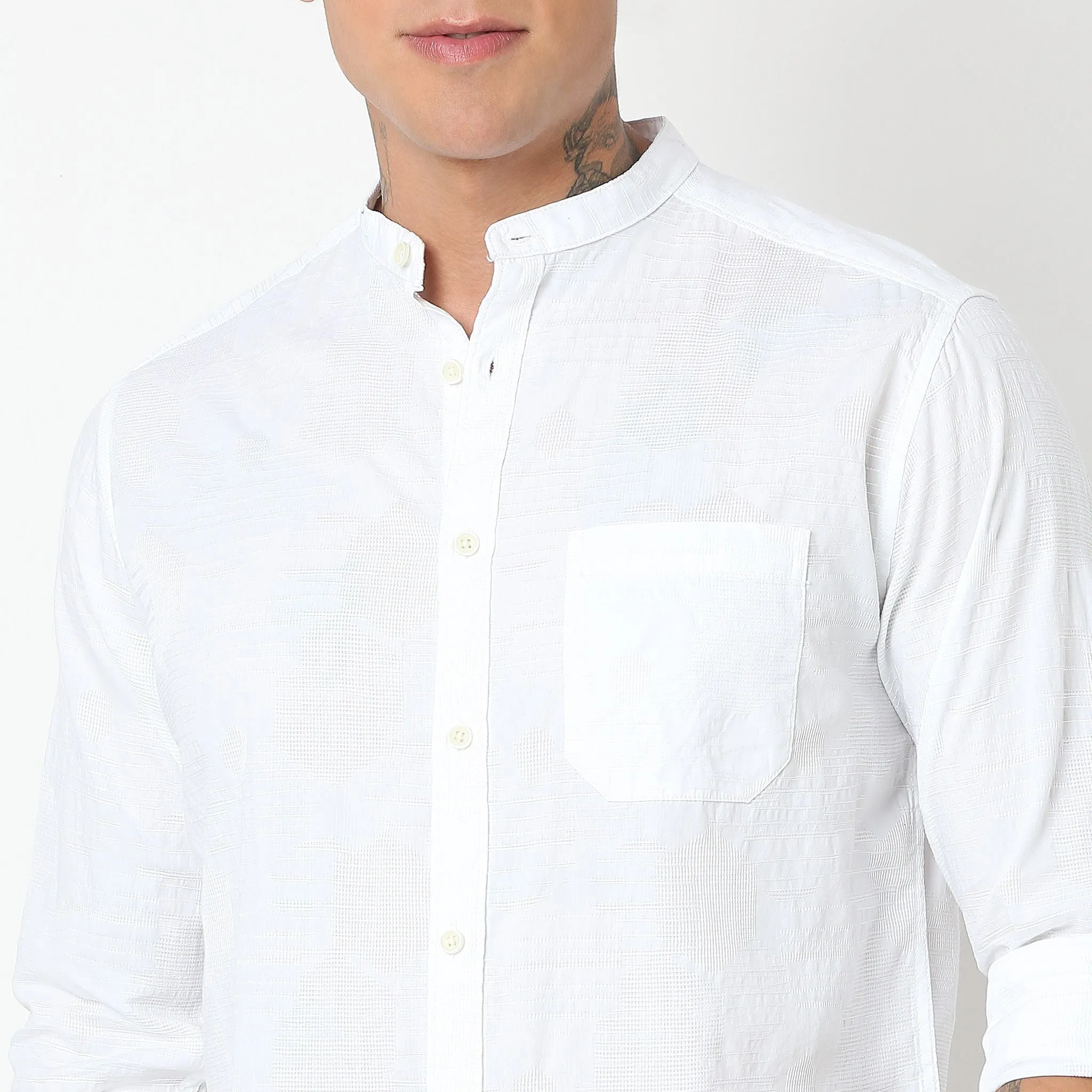 Smart Lino Weave Band Collar Solid Shirt