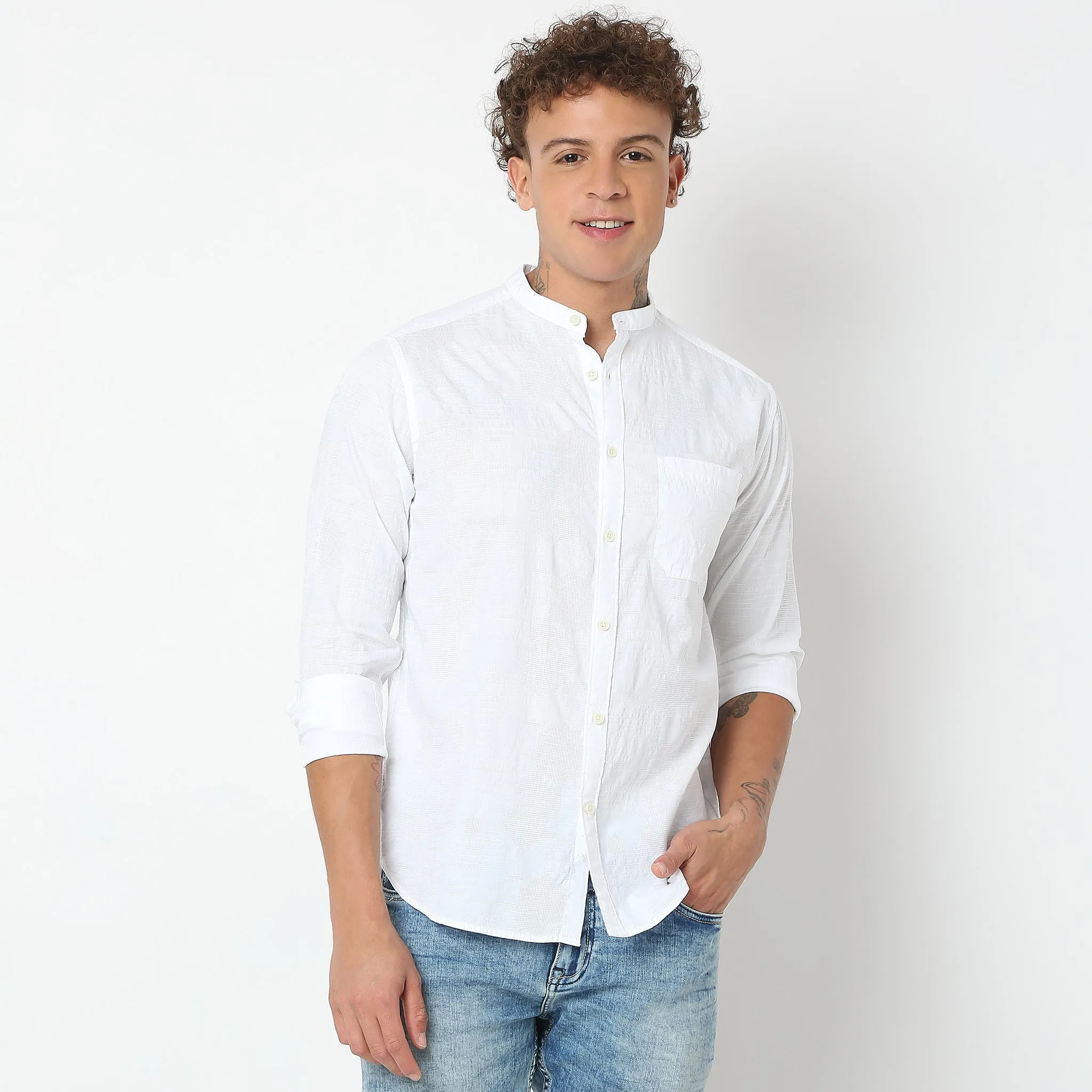 Smart Lino Weave Band Collar Solid Shirt