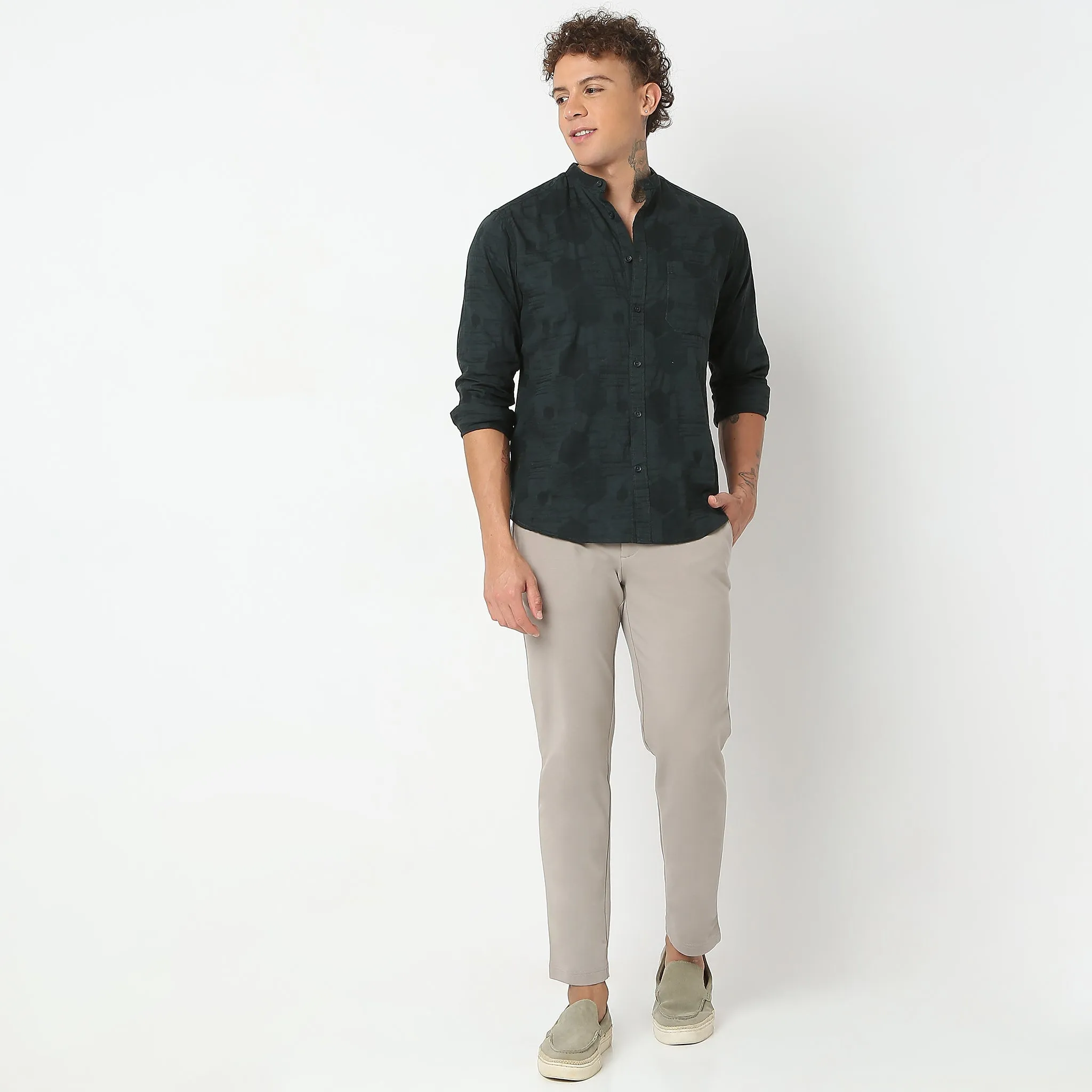 Smart Lino Weave Band Collar Solid Shirt