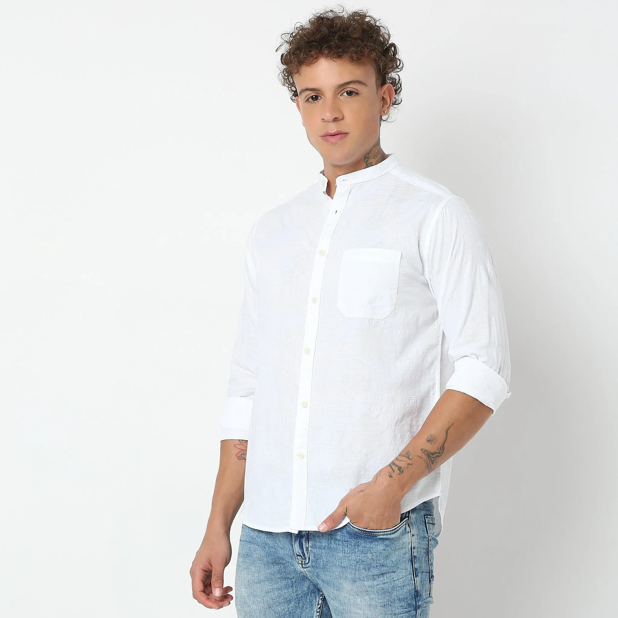 Smart Lino Weave Band Collar Solid Shirt