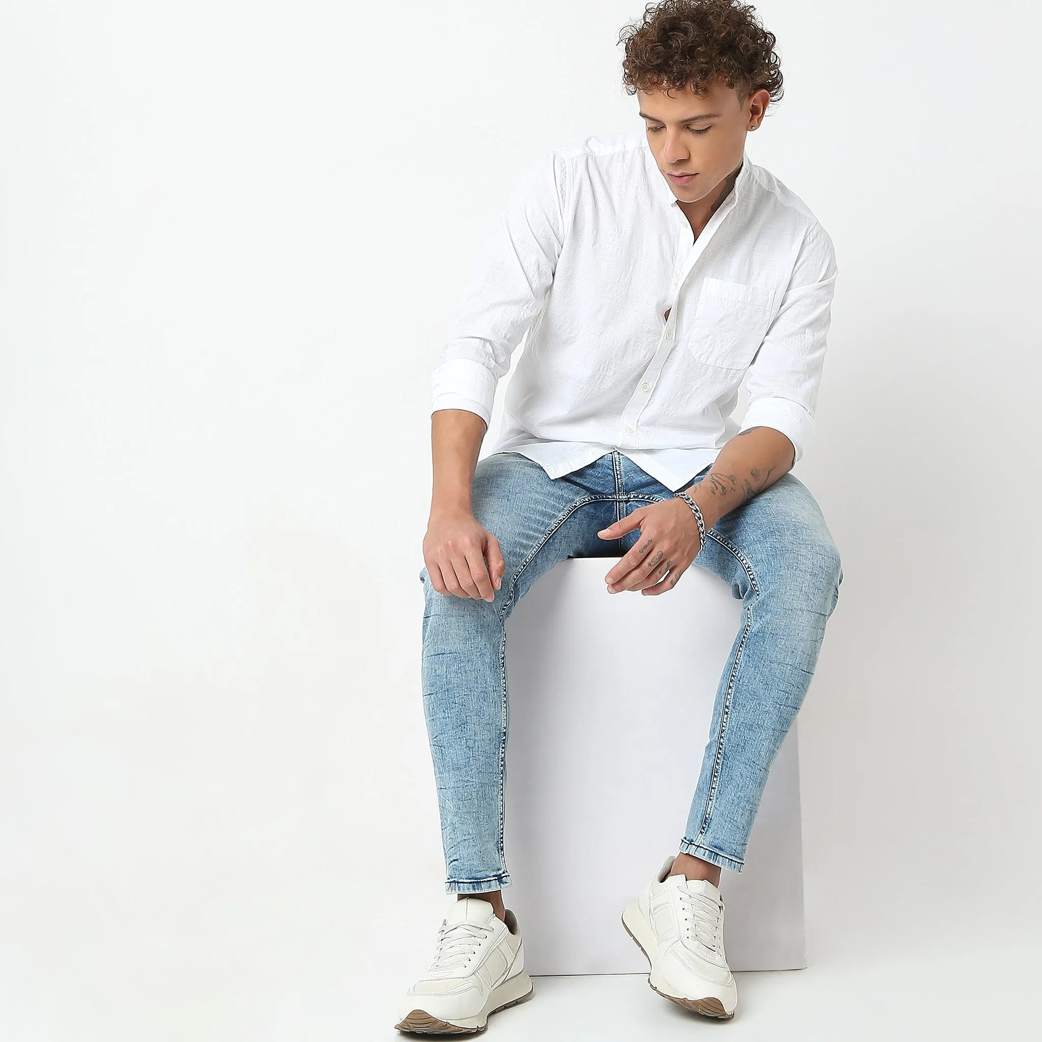 Smart Lino Weave Band Collar Solid Shirt