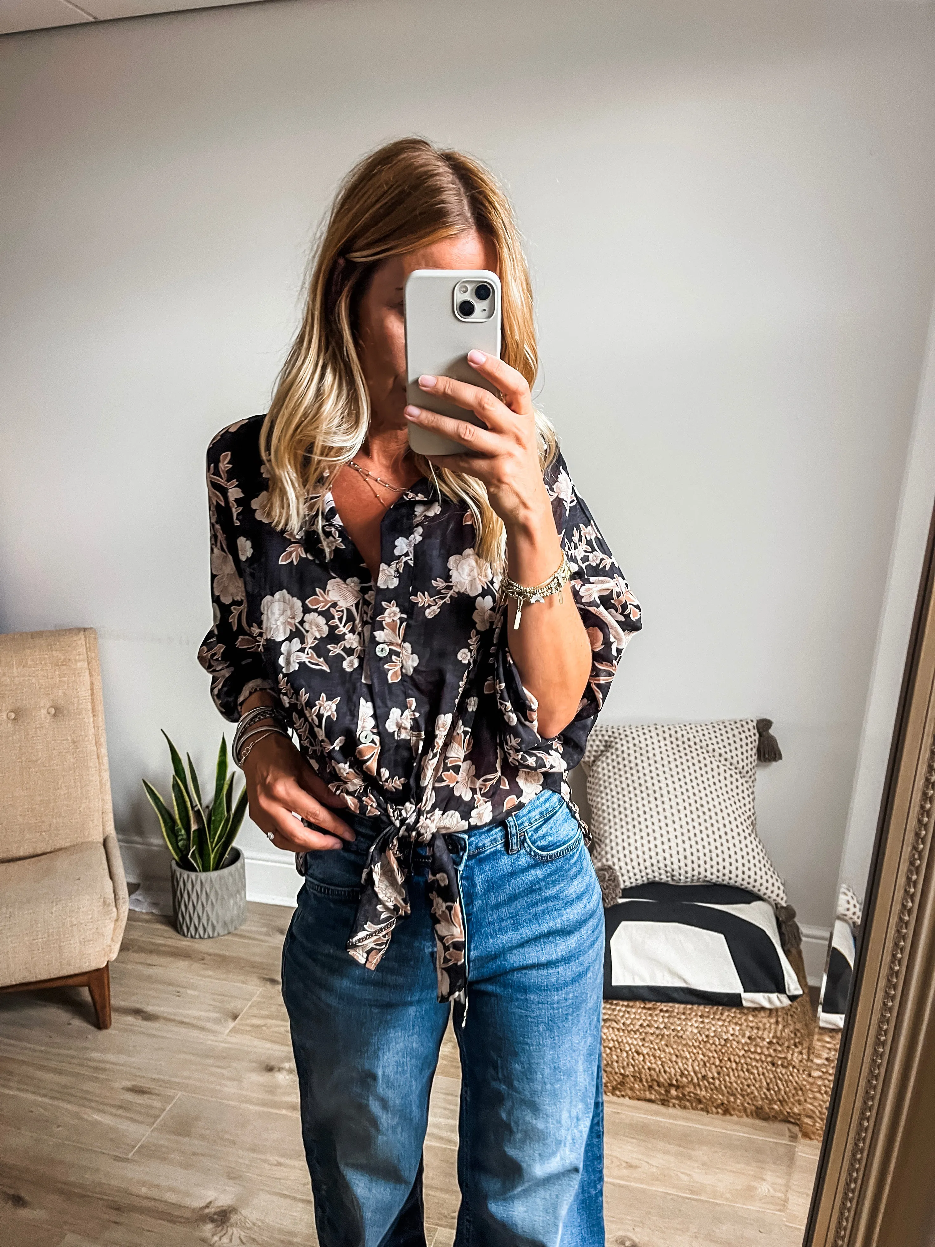 Tie-Front Floral Print Shirt