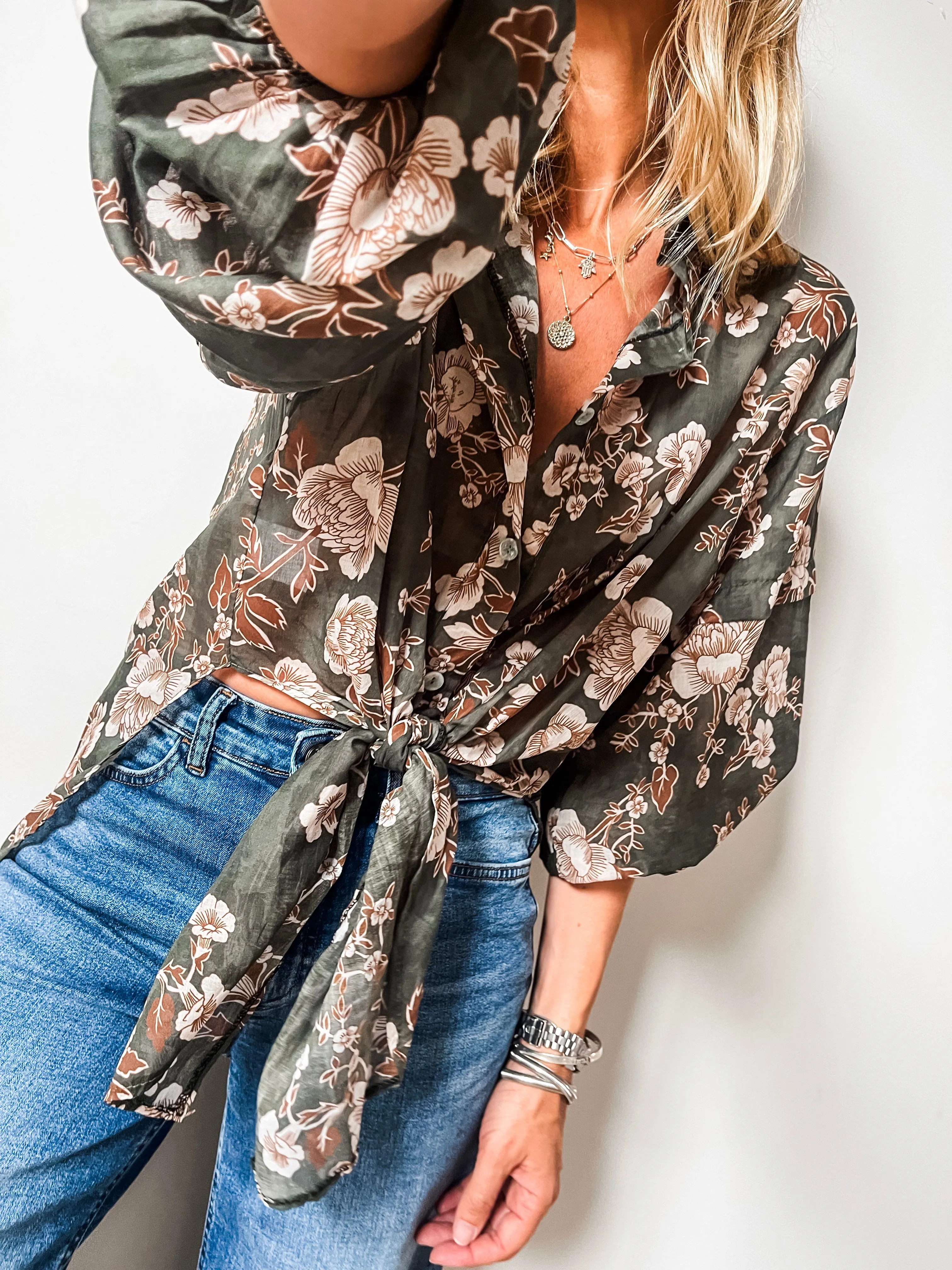 Tie-Front Floral Print Shirt