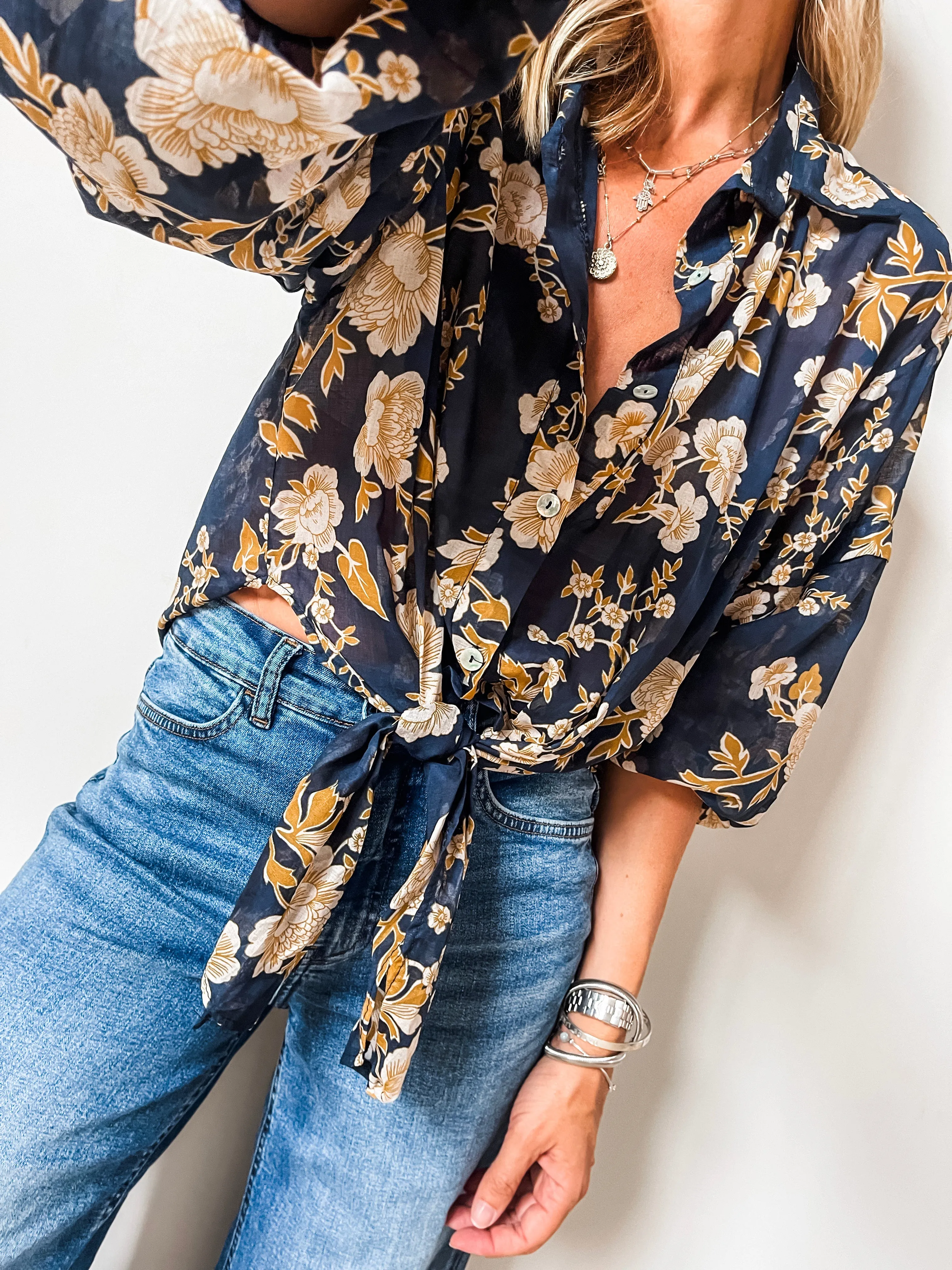 Tie-Front Floral Print Shirt
