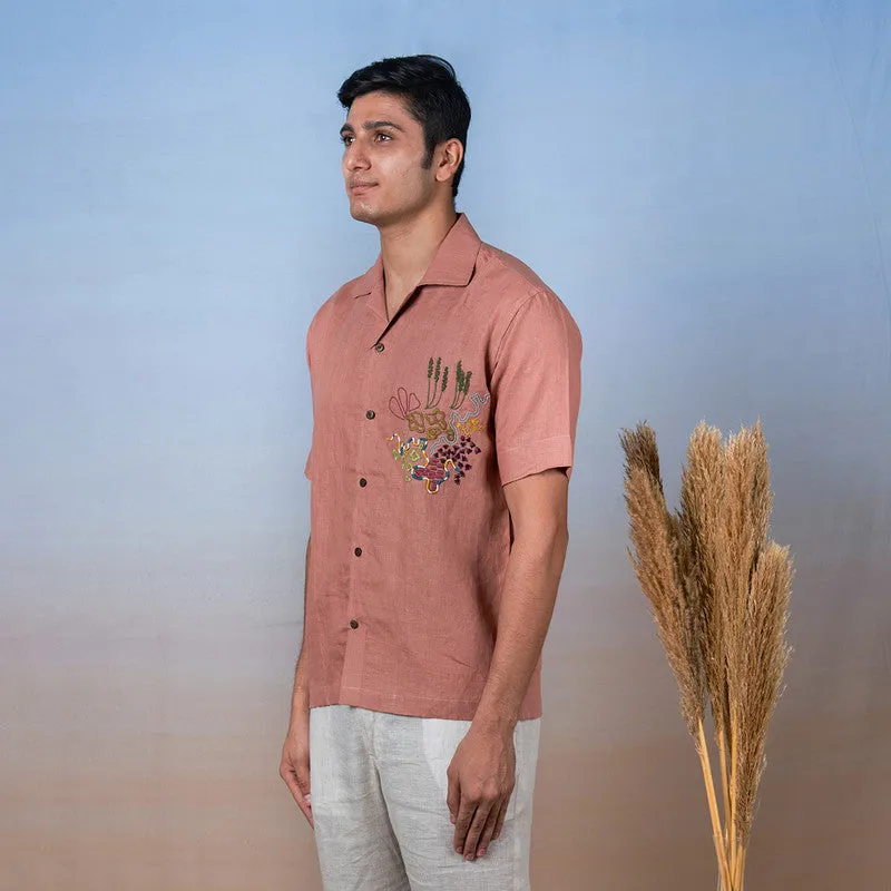 Unisex Linen Half Sleeves Shirt | Hand Embroidered | Rose Gold