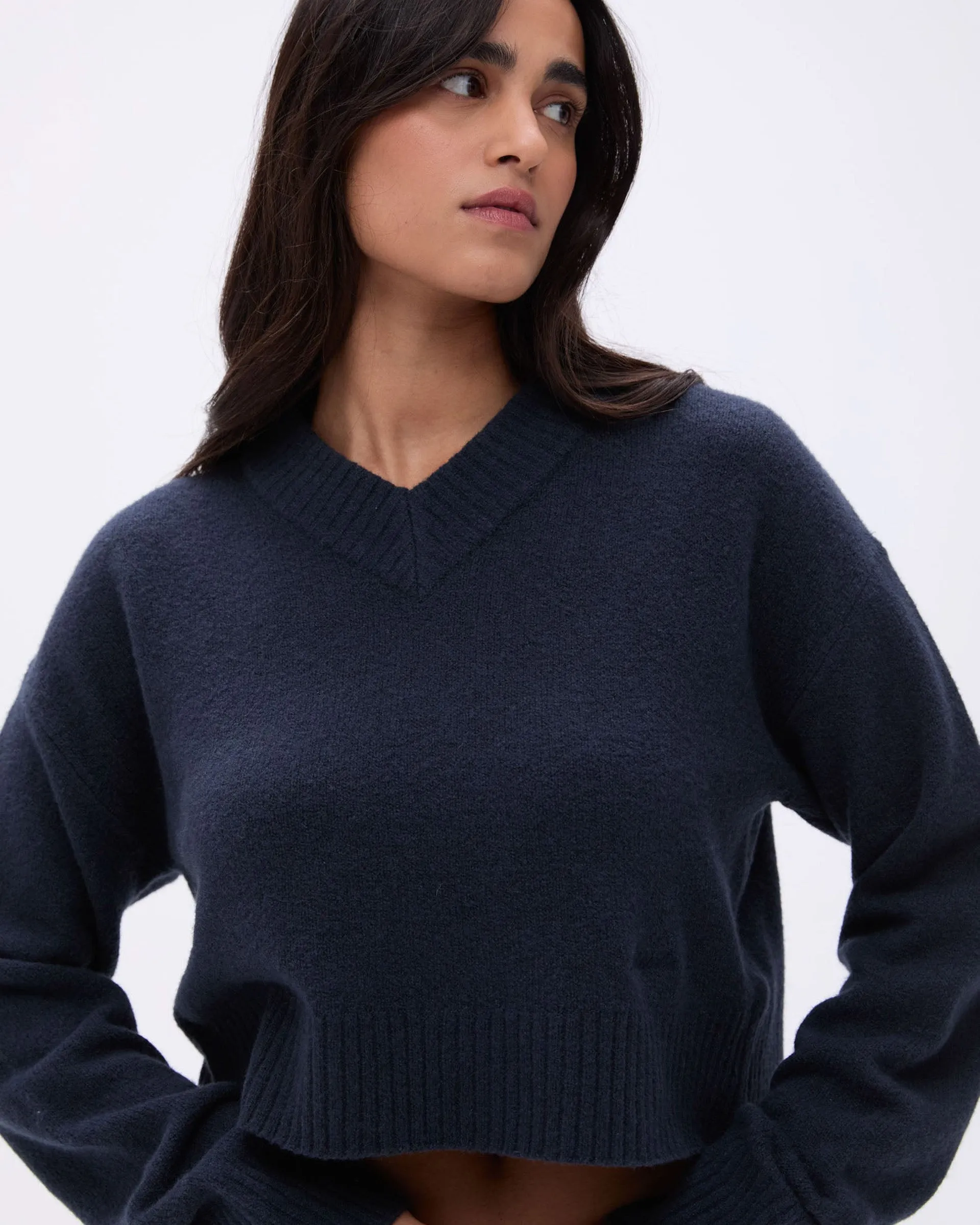 V Neck Knit Sweatshirt - Deep Midnight Blue