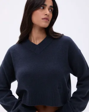 V Neck Knit Sweatshirt - Deep Midnight Blue