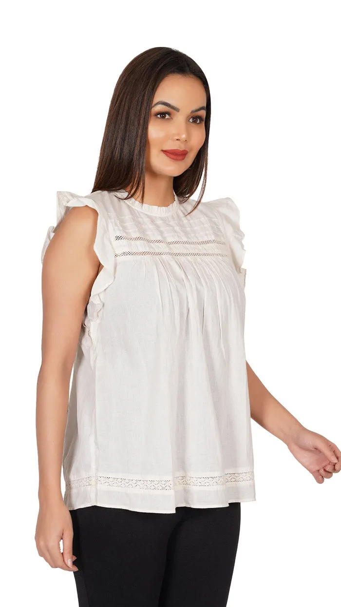 White Ruffle Shoulder with embroidery | Sleeveless Top