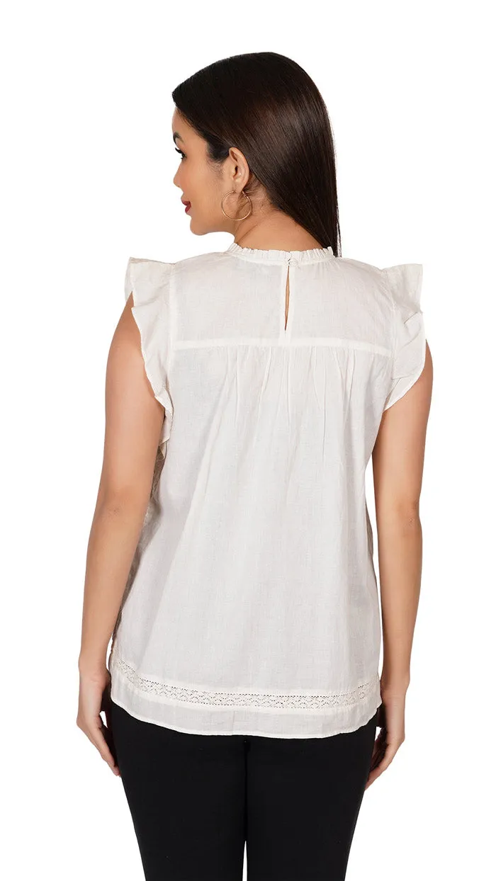 White Ruffle Shoulder with embroidery | Sleeveless Top