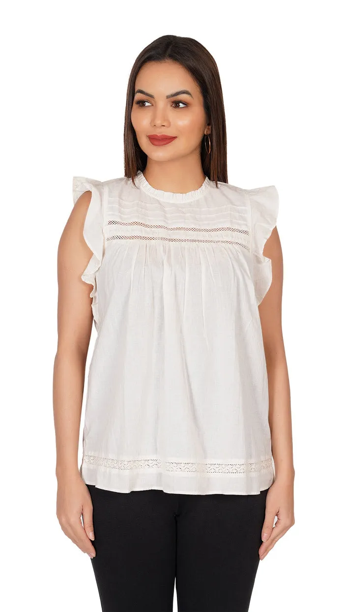 White Ruffle Shoulder with embroidery | Sleeveless Top