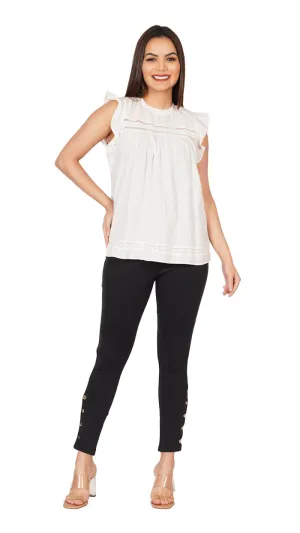 White Ruffle Shoulder with embroidery | Sleeveless Top