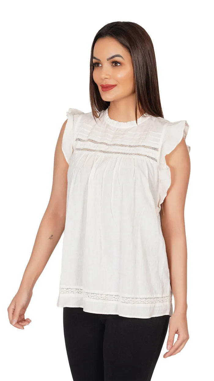 White Ruffle Shoulder with embroidery | Sleeveless Top