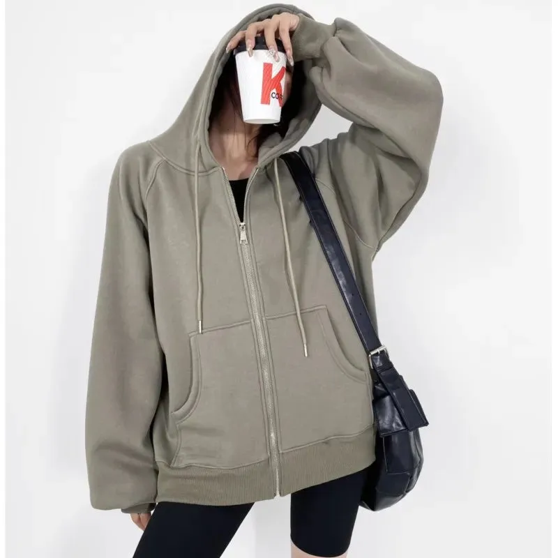 Winter Oversized Harajuku Casual Sweats Hoody with Thick Fleece and Open Zipper
