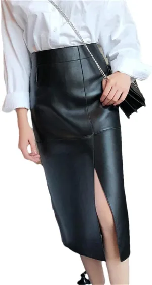 Women High Waist Leather Skirt Front Split Skinny HIPS Midi Skirt Bodycon Solid Office Skirts