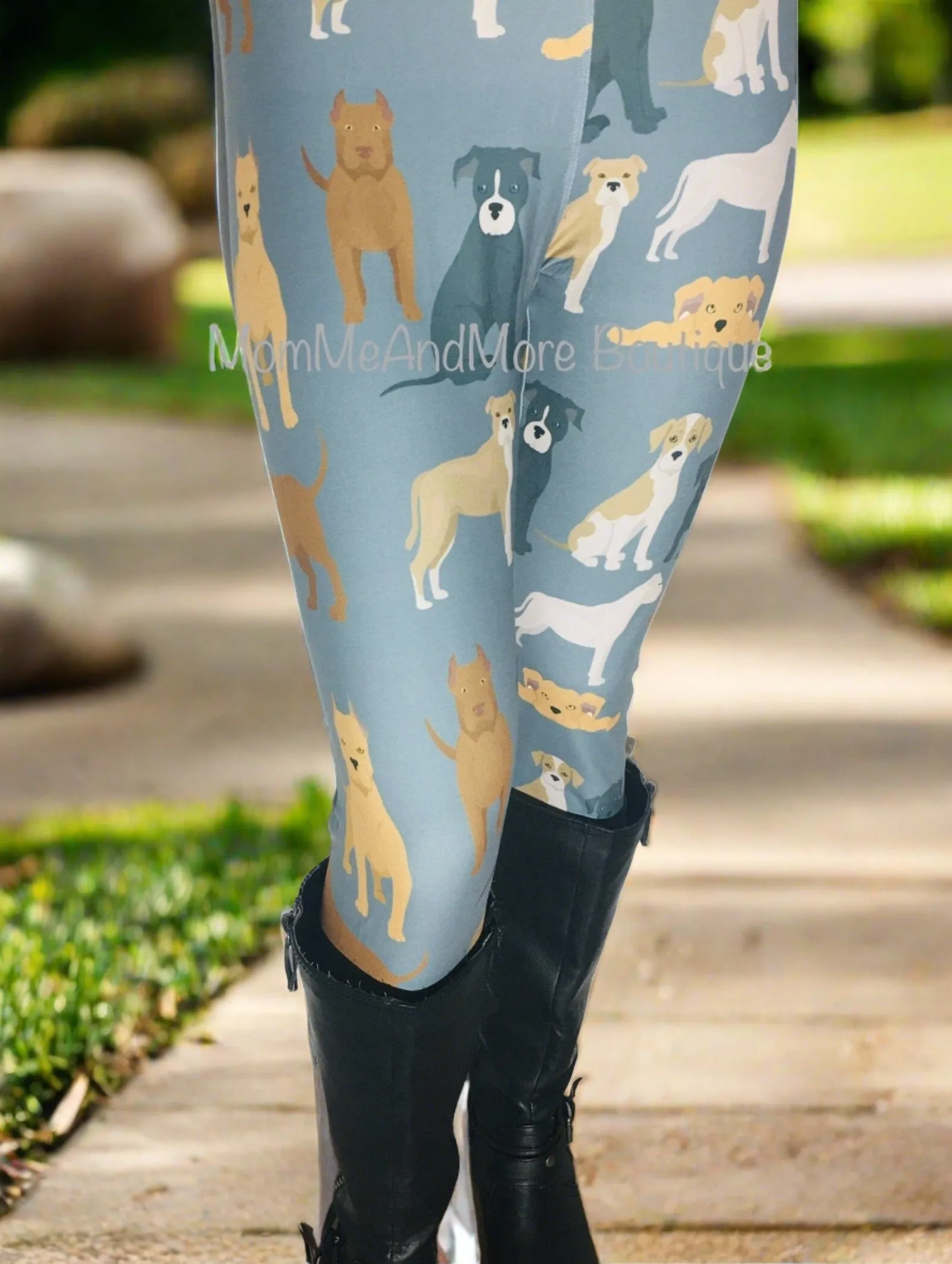 Womens Pitbull Dog Leggings, Soft Yoga Pants, Sizes OS/TC, Yoga Waist, Blue/Tan, Exclusive Leggings