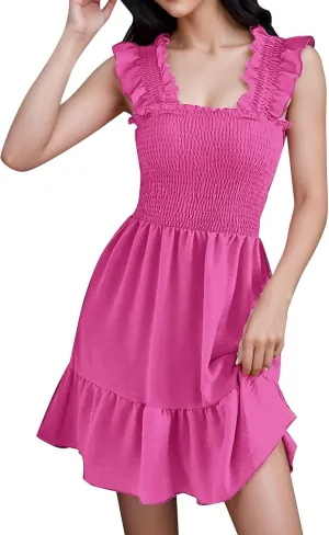 Womens Summer Casual Sleeveless Dresses Square Neck Smocked Ruffle Backless Boho Mini Dress 2024 Trendy Beach Short Sundress