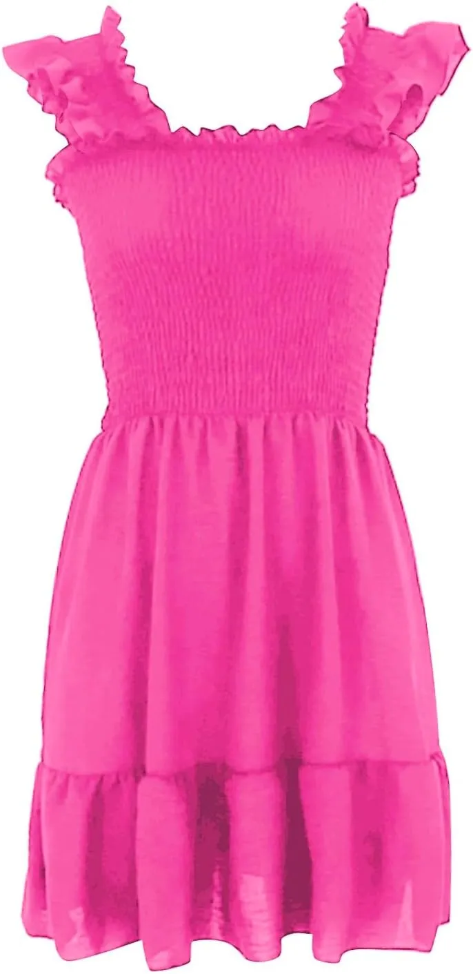 Womens Summer Casual Sleeveless Dresses Square Neck Smocked Ruffle Backless Boho Mini Dress 2024 Trendy Beach Short Sundress