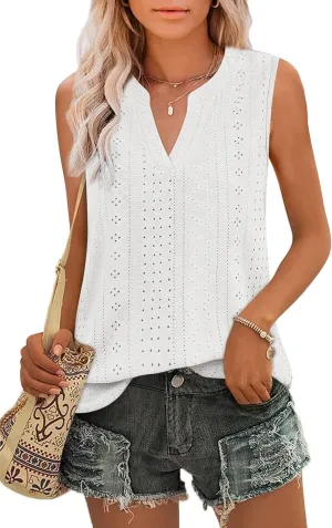 Zwurew Tank Top for Women Loose Fit Sleeveless V Neck Camisole Tops Dressy Casual Eyelet Summer Flowy Cami Shirts Blouse