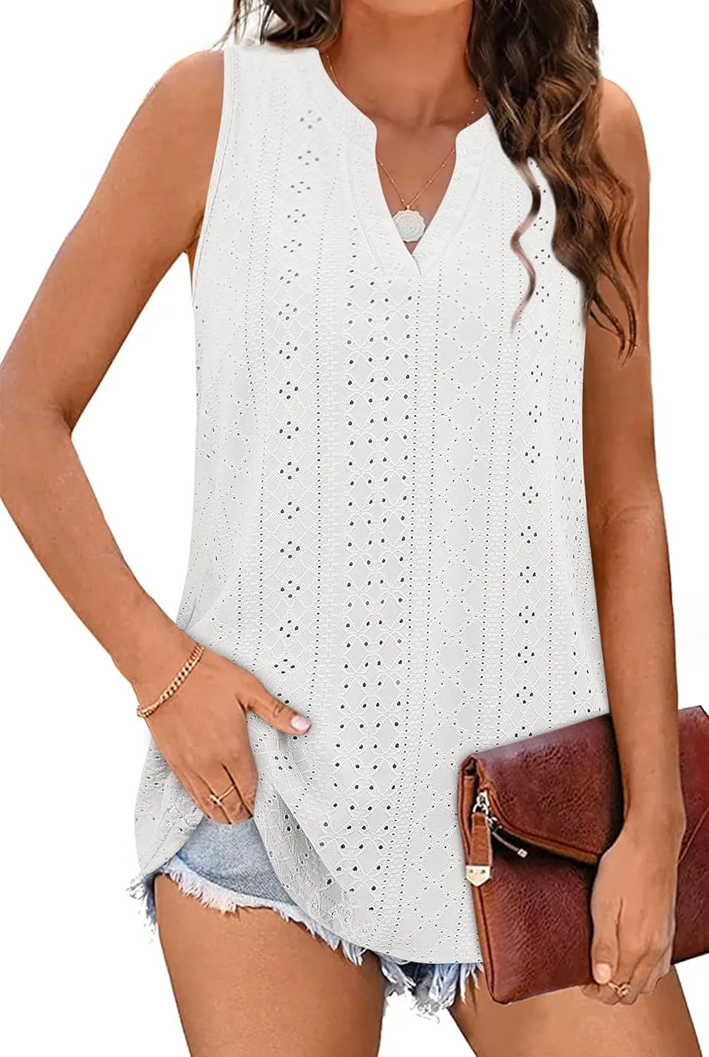 Zwurew Tank Top for Women Loose Fit Sleeveless V Neck Camisole Tops Dressy Casual Eyelet Summer Flowy Cami Shirts Blouse