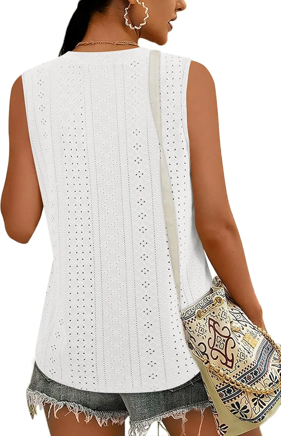 Zwurew Tank Top for Women Loose Fit Sleeveless V Neck Camisole Tops Dressy Casual Eyelet Summer Flowy Cami Shirts Blouse